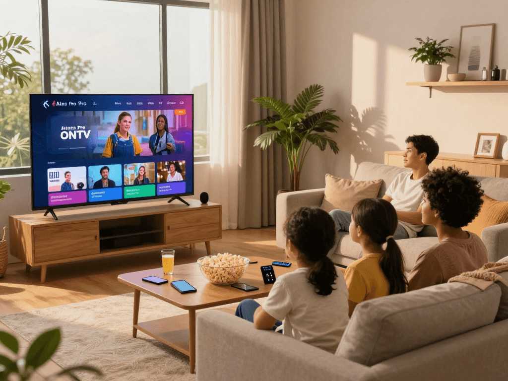 Profitez d'Atlas pro ontv en famille dans un salon agréable, TV affichant du contenu de streaming.