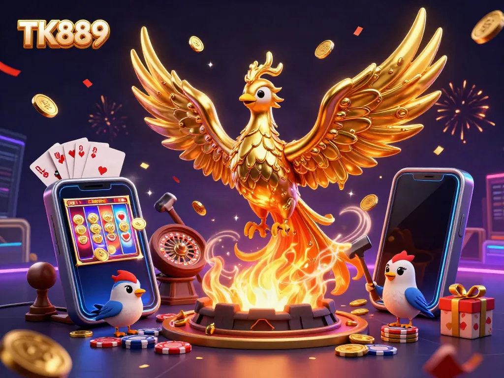 Engage in thrilling fishing and gaming action with TK889's vibrant 3D casino scene featuring a molten phoenix.