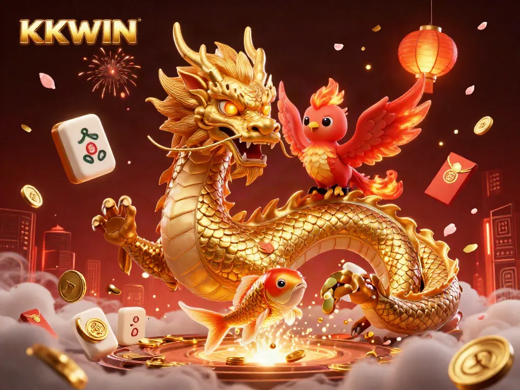 Experience the thrill of KKWIN in this vibrant 3D casino illustration with a dragon and phoenix.