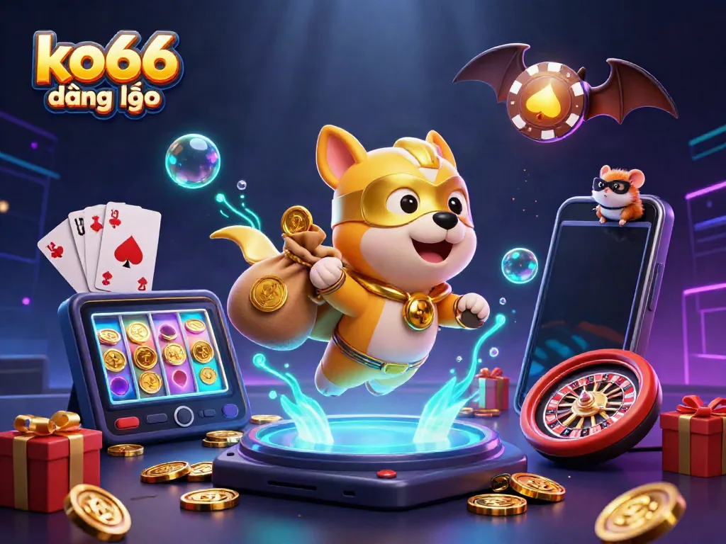 Engage with the ko66 đăng nhập platform through vibrant casino-themed illustration featuring a superhero dog.