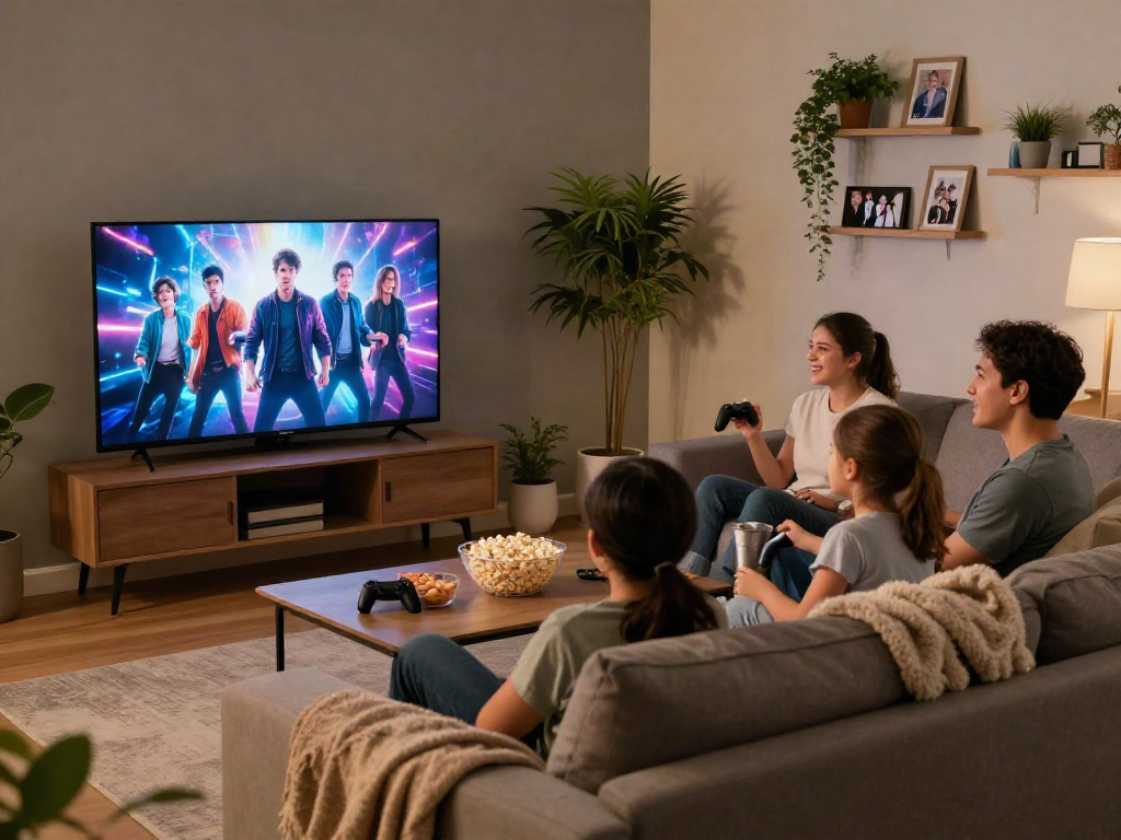 Une famille profitant de leur soirée de cinéma avec Iron tv, regardant la première d'une nouvelle série dans un salon moderne.