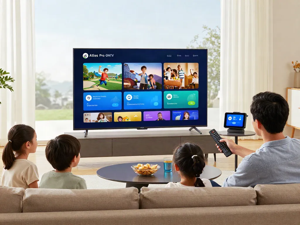 Un salon moderne avec une famille profitant d'Atlas Pro ONTV pour regarder des émissions en direct.