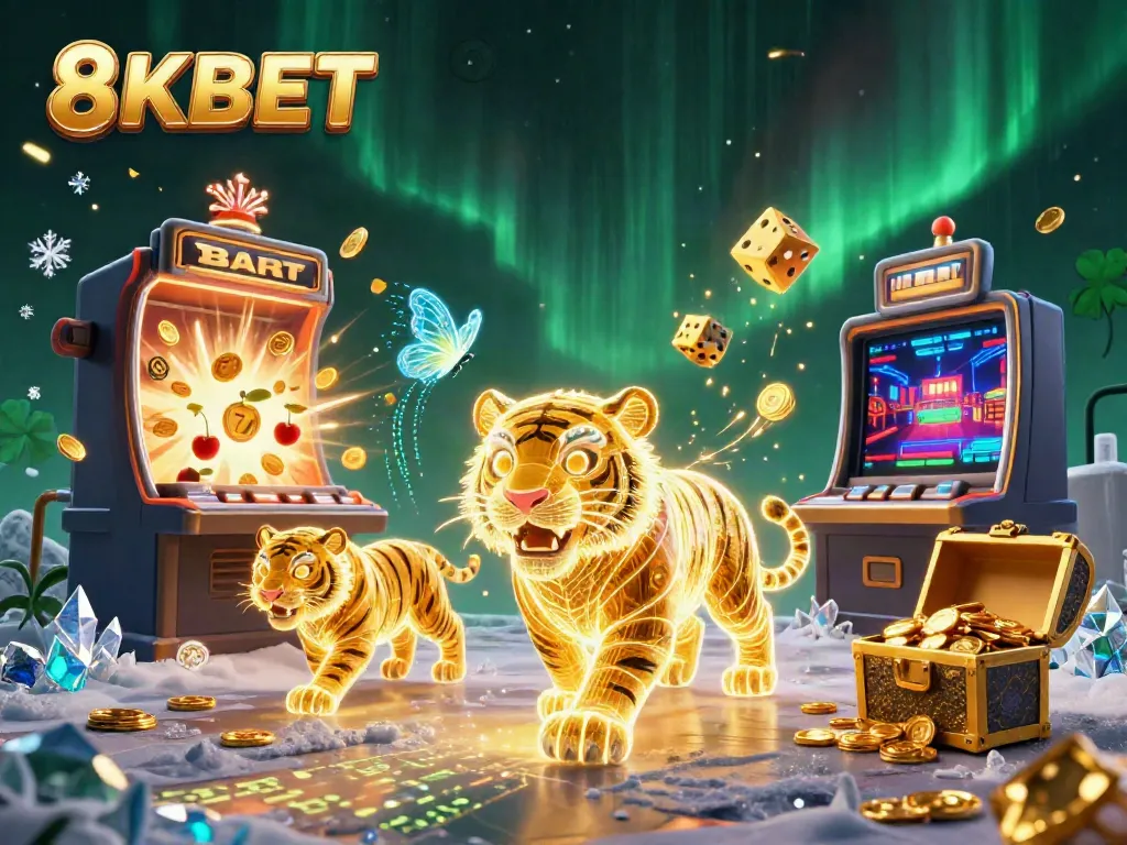Experience thrilling slot action with 8KBET's engaging casino scene featuring dynamic characters and winning symbols.