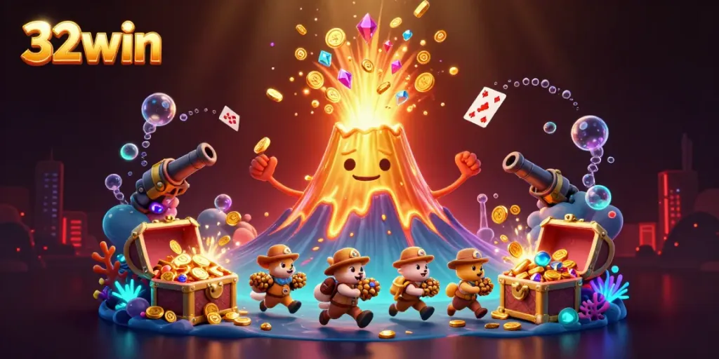 Experience thrilling excitement at 32win; a golden volcano erupts treasures amidst vibrant casino adventures.