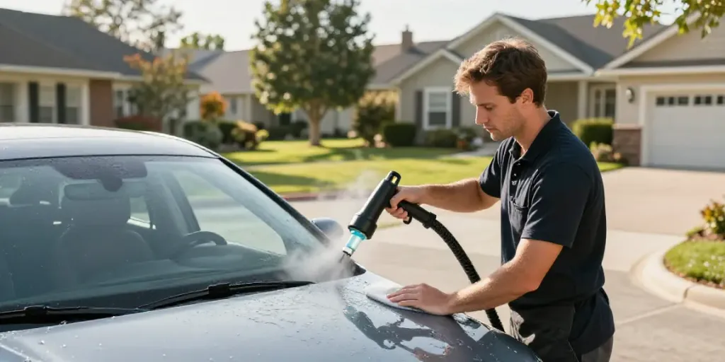 www.lecercleautomobile.fr offre un nettoyage premium de voiture à domicile, avec un professionnel en action.
