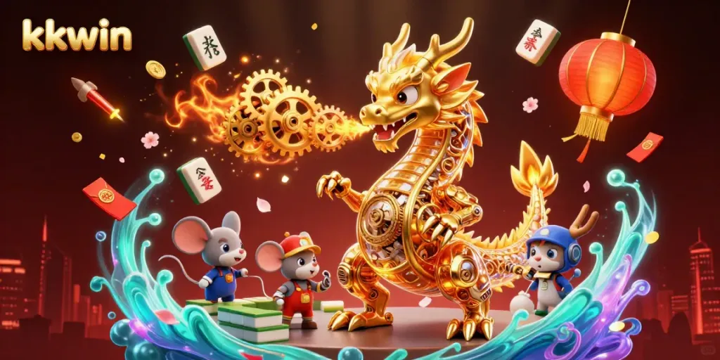 Engage with kkwin's immersive gaming world illuminated by a majestic golden dragon and vibrant symbols.