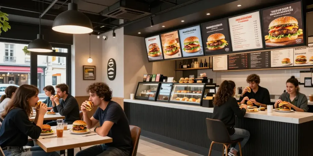 Un burger halal à Paris dans un restaurant moderne, ambiance conviviale.