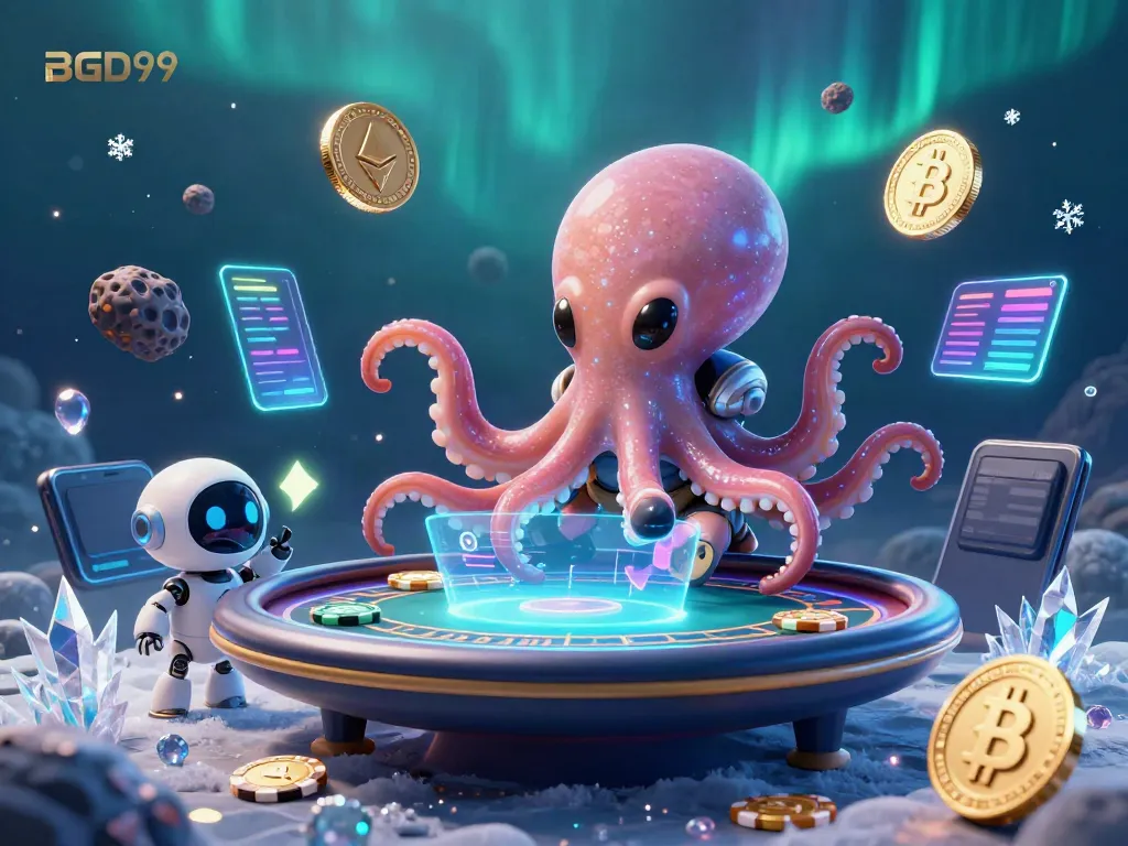Engage with BGD99's exciting poker action featuring a vibrant alien octopus and interactive cryptocurrency elements.