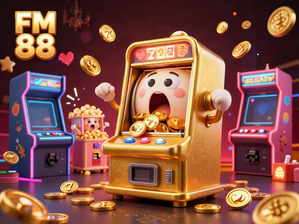 Jackpot celebration at FM 88 features a golden slot machine in action, cheerfully surrounded by game elements.