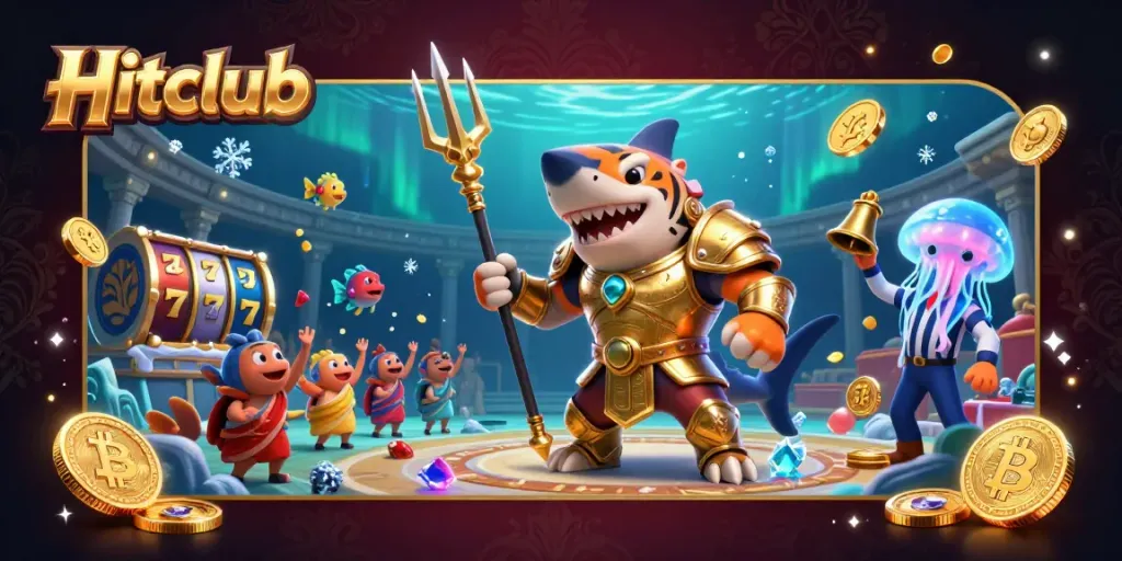 Hitclub online casino scene with slots and a gladiator shark, showcasing vibrant gaming elements.