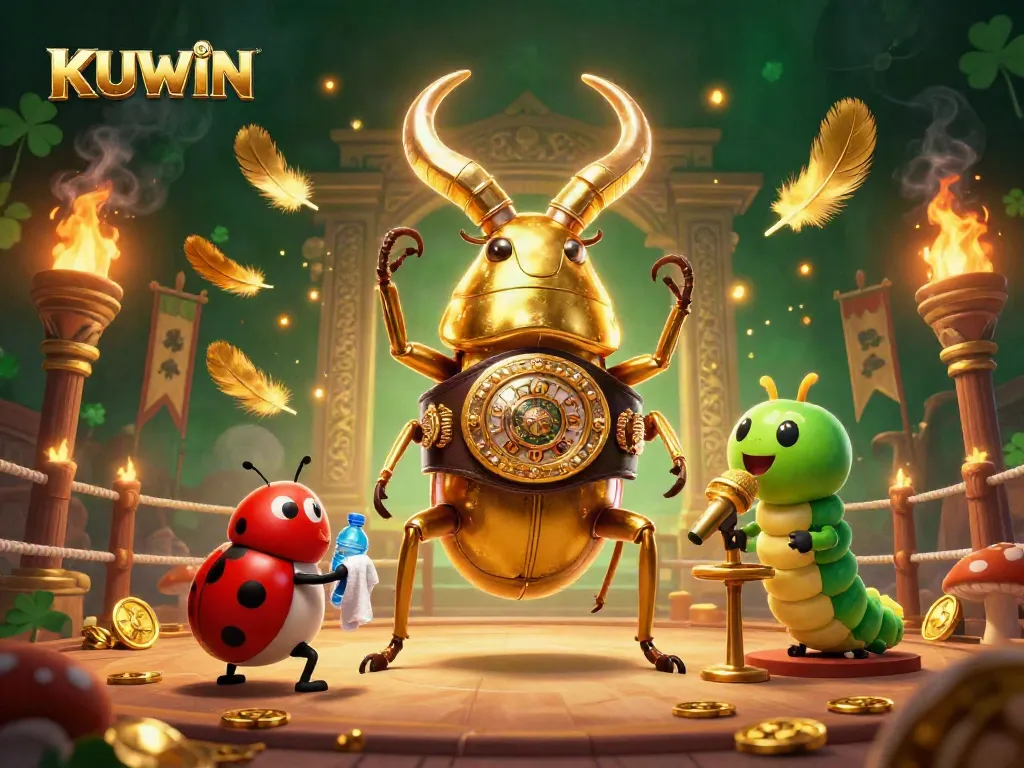 KUWIN showcases an epic battle scene in a vibrant 3D casino environment with detailed characters and dynamic elements.