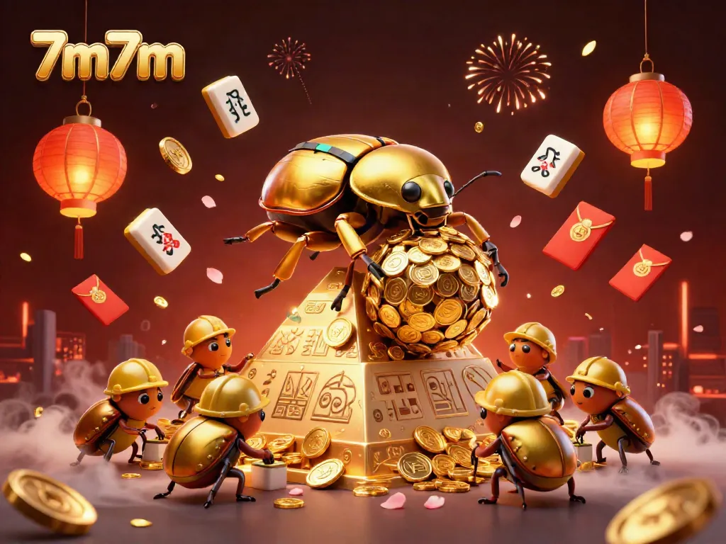 Engage in thrilling gameplay with 7m7m, featuring golden beetles and casino symbols.