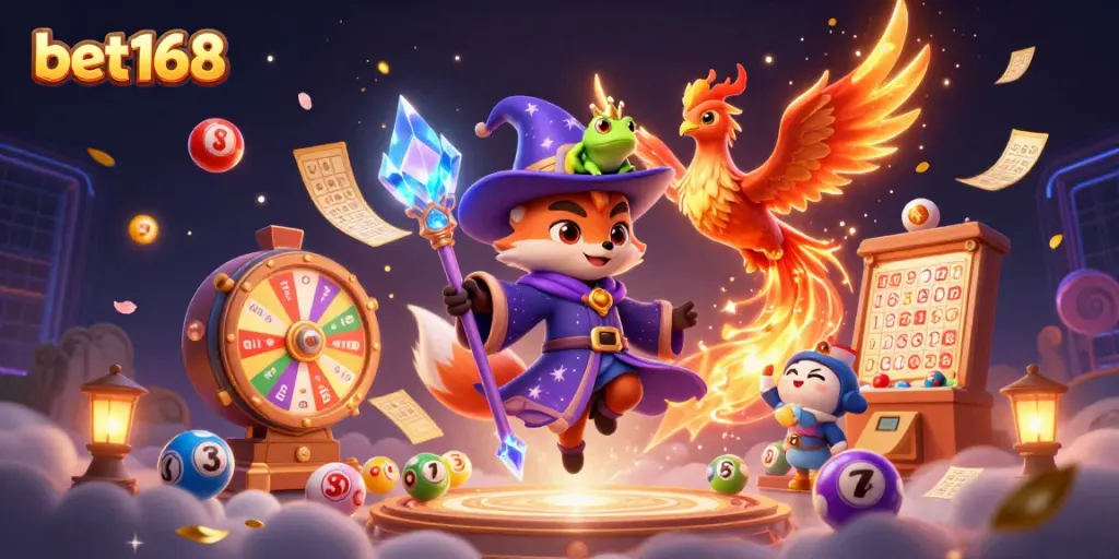 Experience the thrill of bet168 with a vibrant 3D illustration of casino elements and enchanting characters.