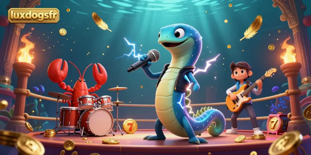 Experience the thrilling underwater casino with luxdogsfr, featuring a DJ eel, lobster drummer, and seahorse guitarist.