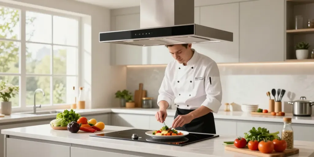 Hotte encastrable 60 cm dans une cuisine moderne, mettant en valeur la préparation culinaire.