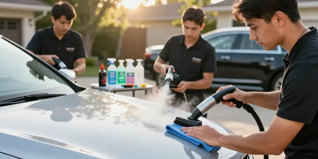 Interior car detailing at www.lecercleautomobile.fr with eco-friendly methods and professional tools.