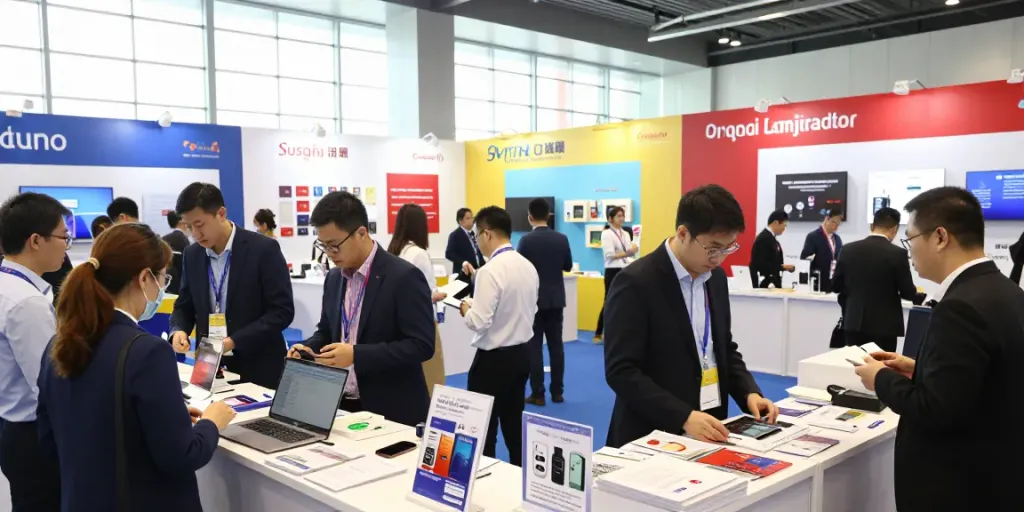Exposants showcasing products at a busy business trade show, vibrant interaction captured.