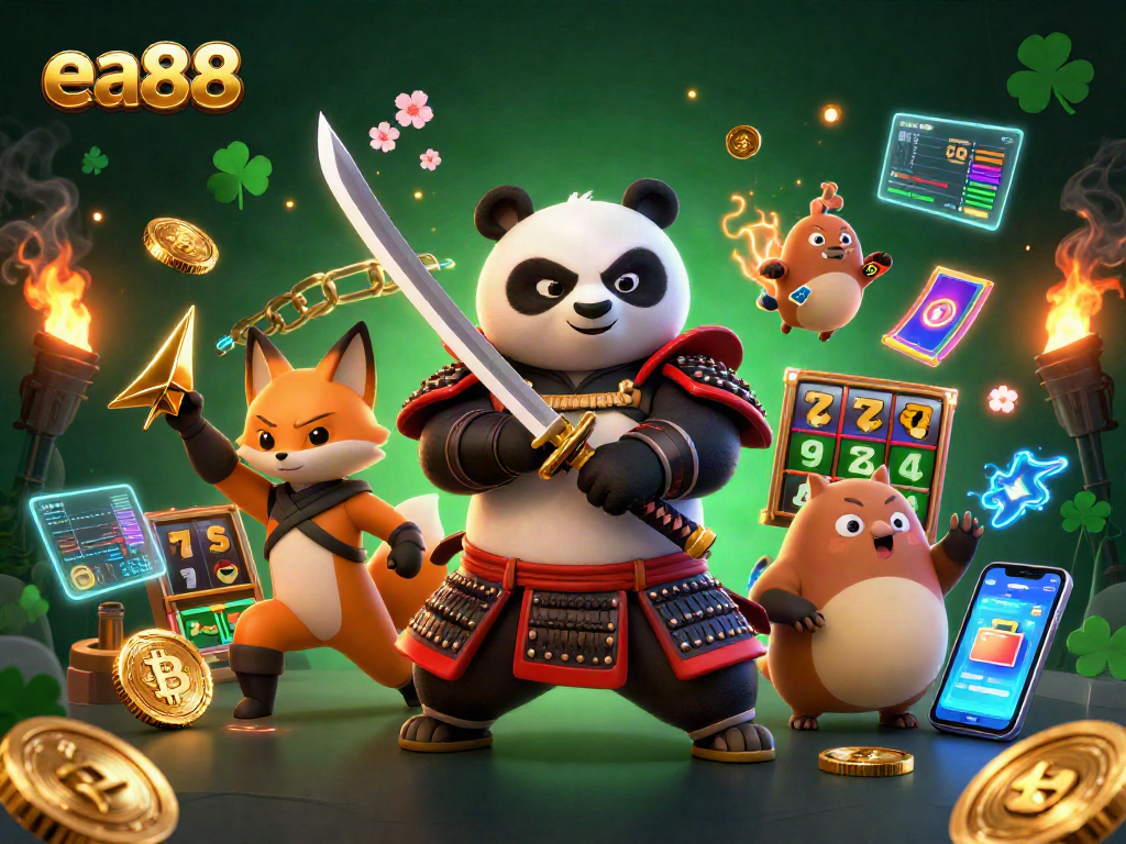 Engage with ea88’s thrilling slot gaming experience featuring vibrant 3D characters and casino elements.