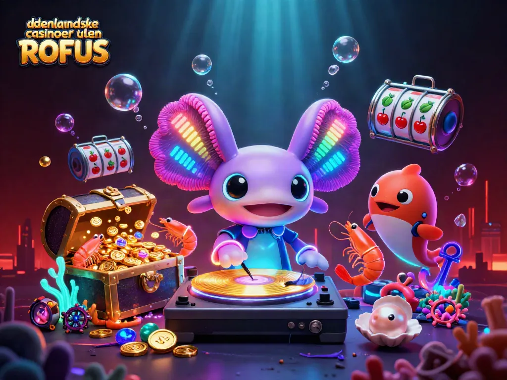 Experience vibrant gaming at udenlandske casinoer uden ROFUS with axolotl DJ in a colorful underwater scene.