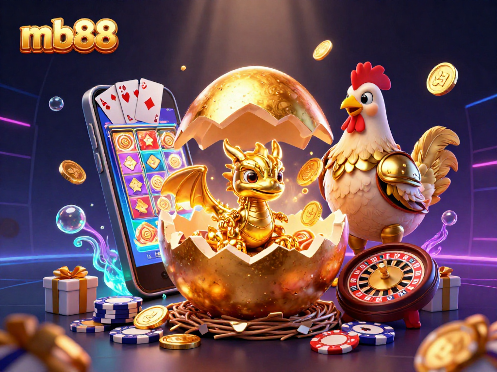 Witness the mb88 experience as a colossal golden egg reveals a crystal dragon among poker chips and casino elements.