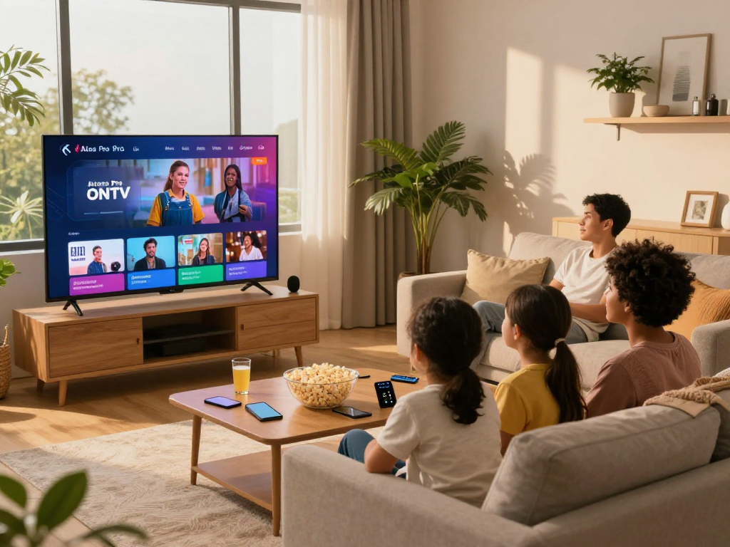 Profitez d'Atlas pro ontv en famille dans un salon agréable, TV affichant du contenu de streaming.