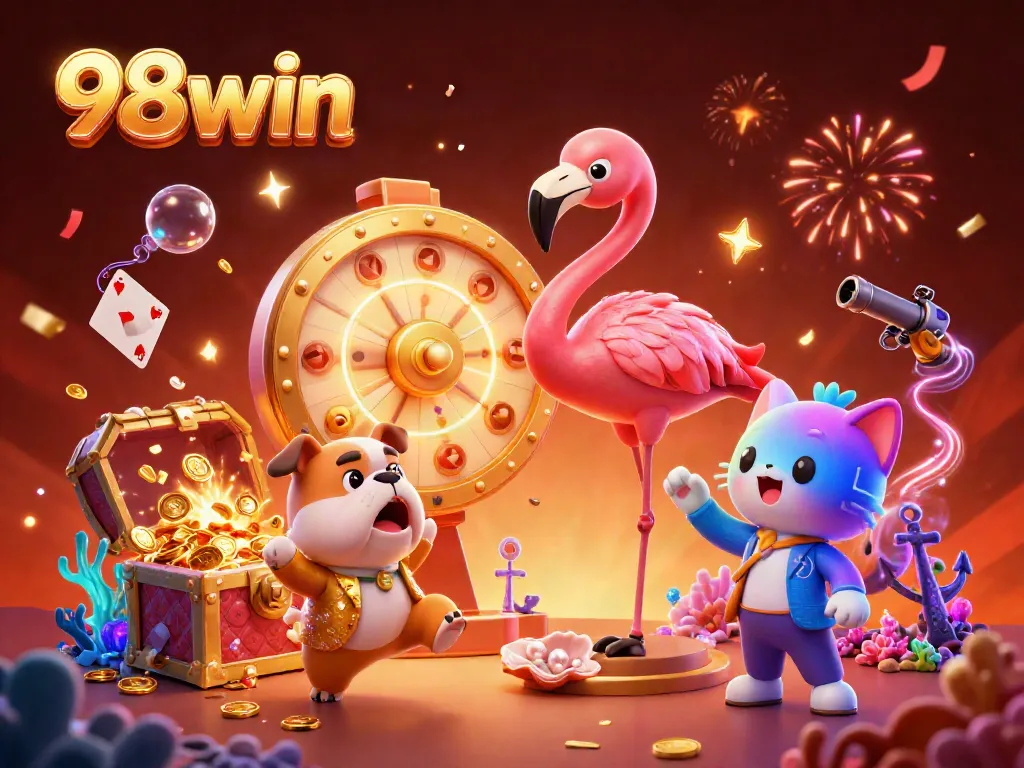 Engage with 98win’s thrilling game show featuring vibrant characters and radiant prizes in a dynamic casino-themed illustration.