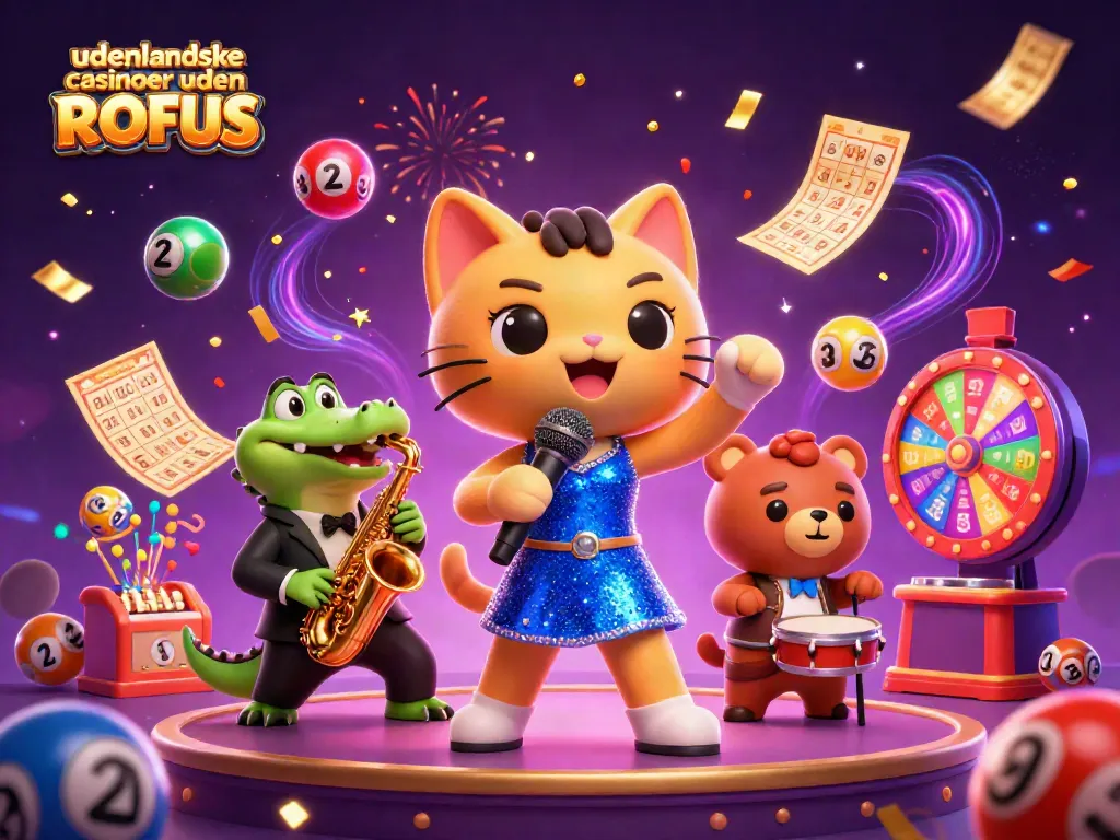 Engage with udenlandske casinoer uden ROFUS in this vibrant illustration featuring a jazz-singer cat and dynamic lottery elements.