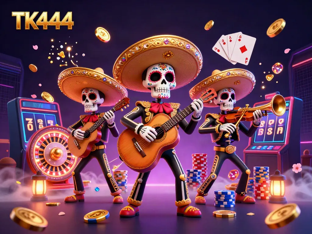 Experience thrilling wins with TK444’s dynamic casino scene of mariachi skeletons amidst cascading coins and casino elements.