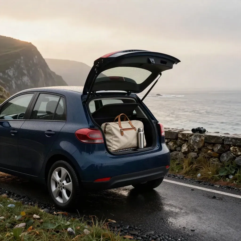 Voiture bleu nuit sur une corniche humide, coffre ouvert avec sac, plaid, thermos et jumelles dans la brume.