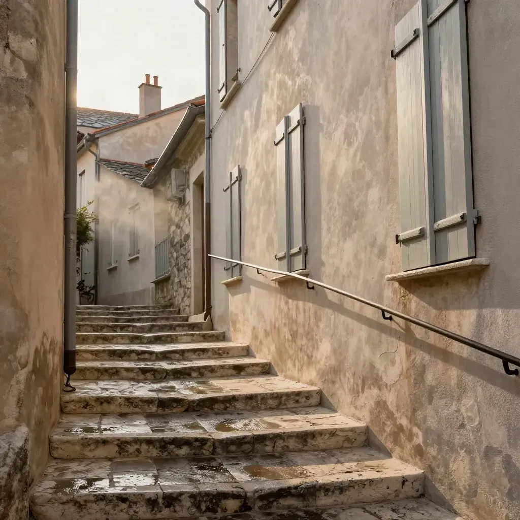 Ruelle lyonnaise en pente avec escaliers de pierre, volets entrouverts et toits au loin