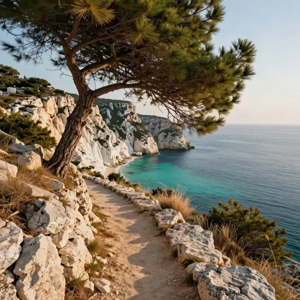 Crique des Calanques vue d’un sentier de calcaire, pin tordu au premier plan, mer turquoise au loin.