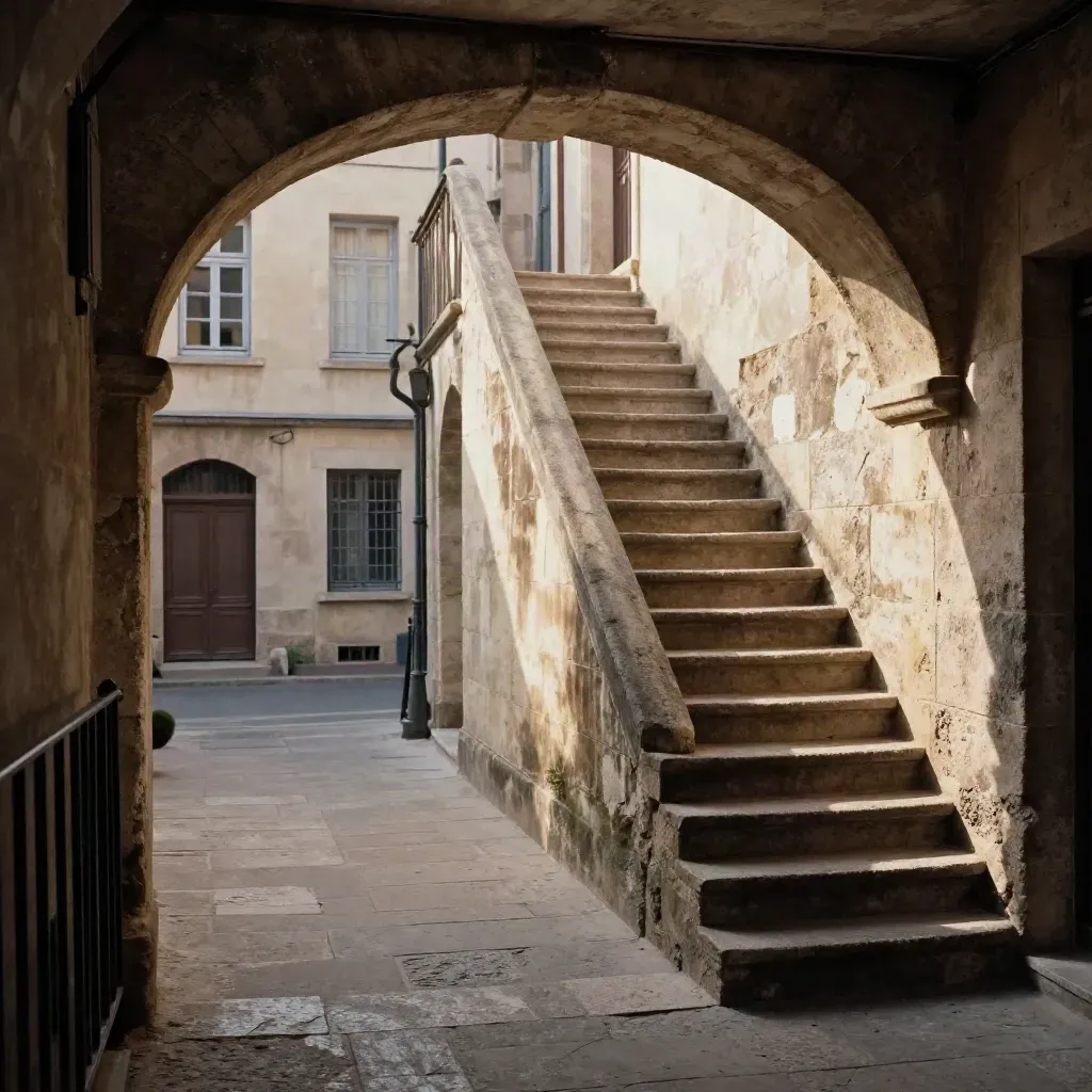 Traboule silencieuse de Lyon avec cour intérieure et escalier de pierre en lumière dorée
