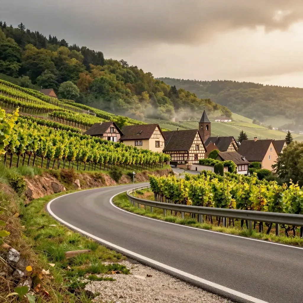 Route d’Alsace courbe entre vignes, village à colombages et clocher sous un ciel d’orage.
