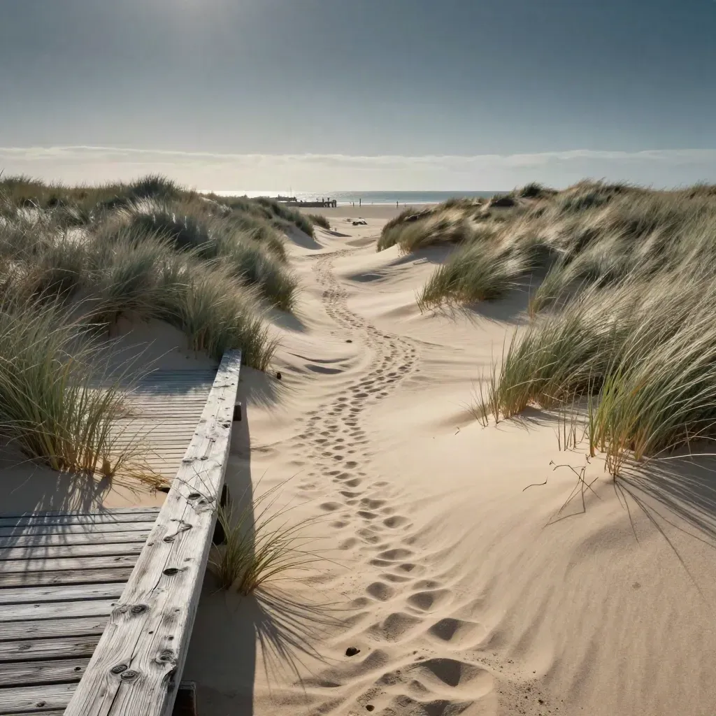 Dunes blondes balayées par le vent devant la jetée d’un port, sable en rubans sous un ciel large