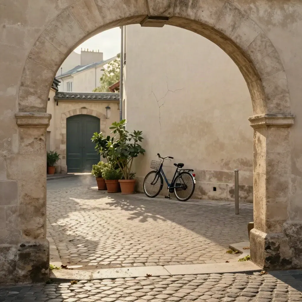 Cour pavée parisienne avec vélo, plantes en pots et porte cochère ouverte sous une lumière douce.