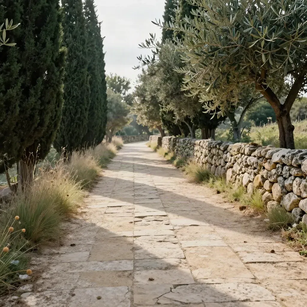 Chemin de pierre du sud avec cyprès, oliviers et muret de calcaire sous une lumière douce.