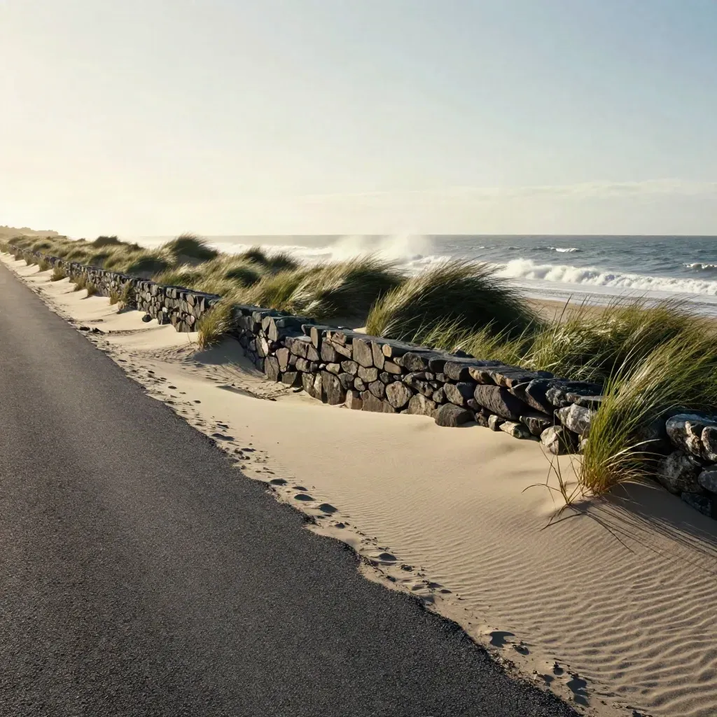 Route atlantique vide, dune, muret et écume soufflée par le vent