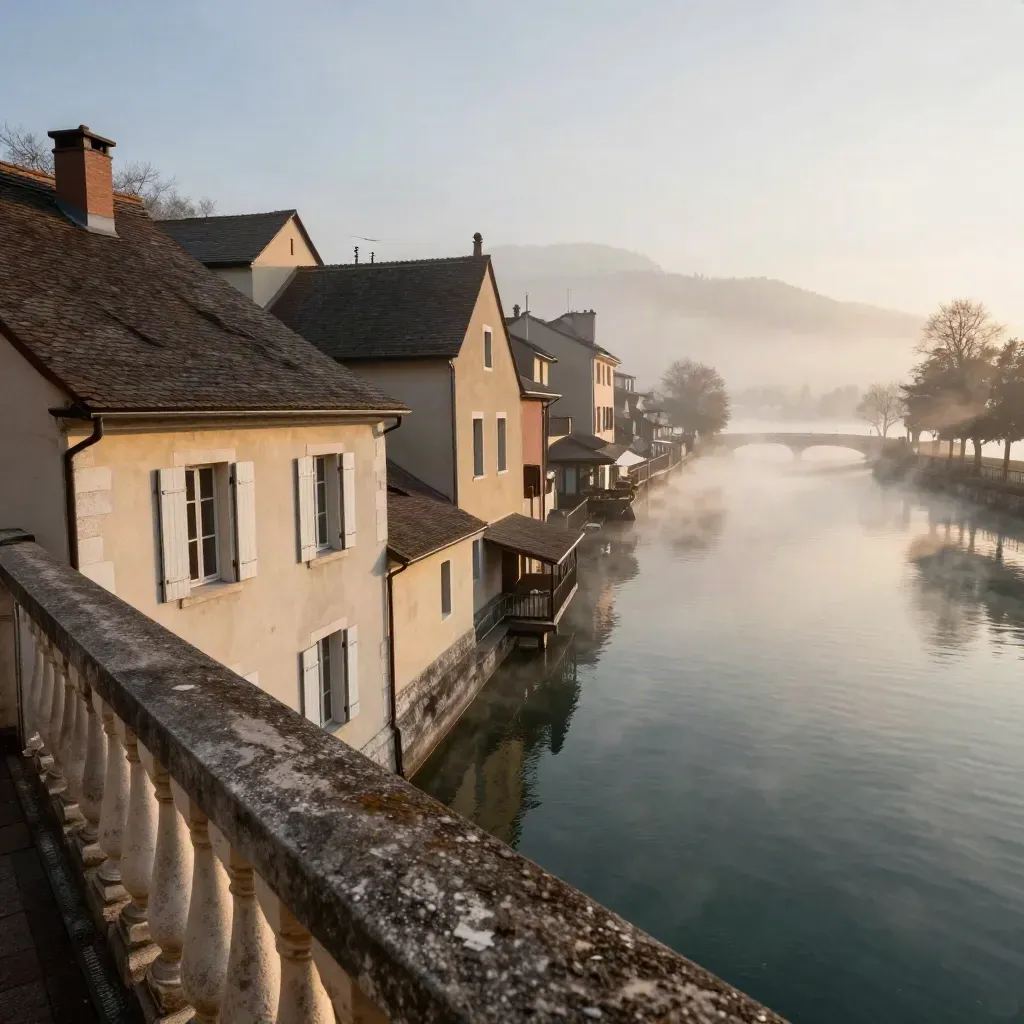 Vue d’Annecy à l’aube, canal calme, façades claires et brume qui se lève