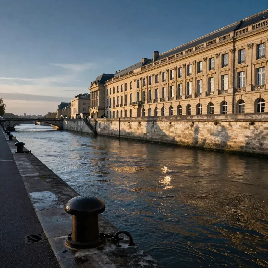 Quais de Bordeaux au soir, Garonne sombre, façades blondes et pont au loin dans la brume.