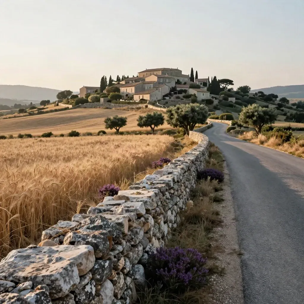 Route du Luberon, muret de pierre sèche, champs clairs et village perché au matin.