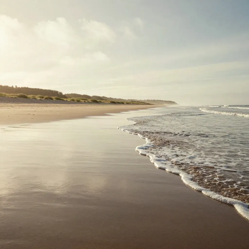 Vague se retirant sur la plage du Cotentin, sable humide miroir et ciel immense.