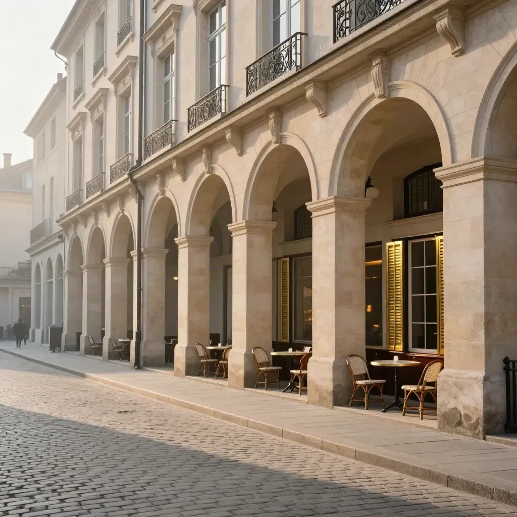 Place de Nancy à l’aube, façades classiques, arcades et cafés fermés dans une lumière douce.