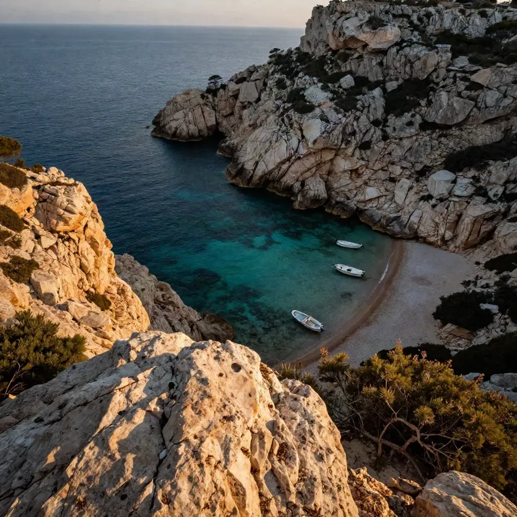 Vue en plongée sur la crique turquoise de Cassis, barques blanches et falaises calcaires.
