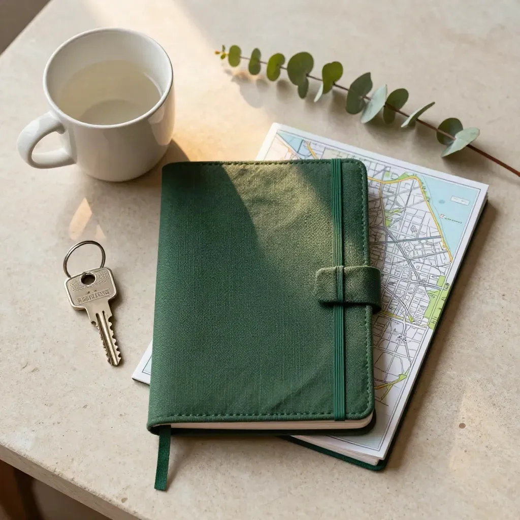 Flatlay de carnet vert, carte pliée, clé de chambre, tasse et eucalyptus sur pierre claire.