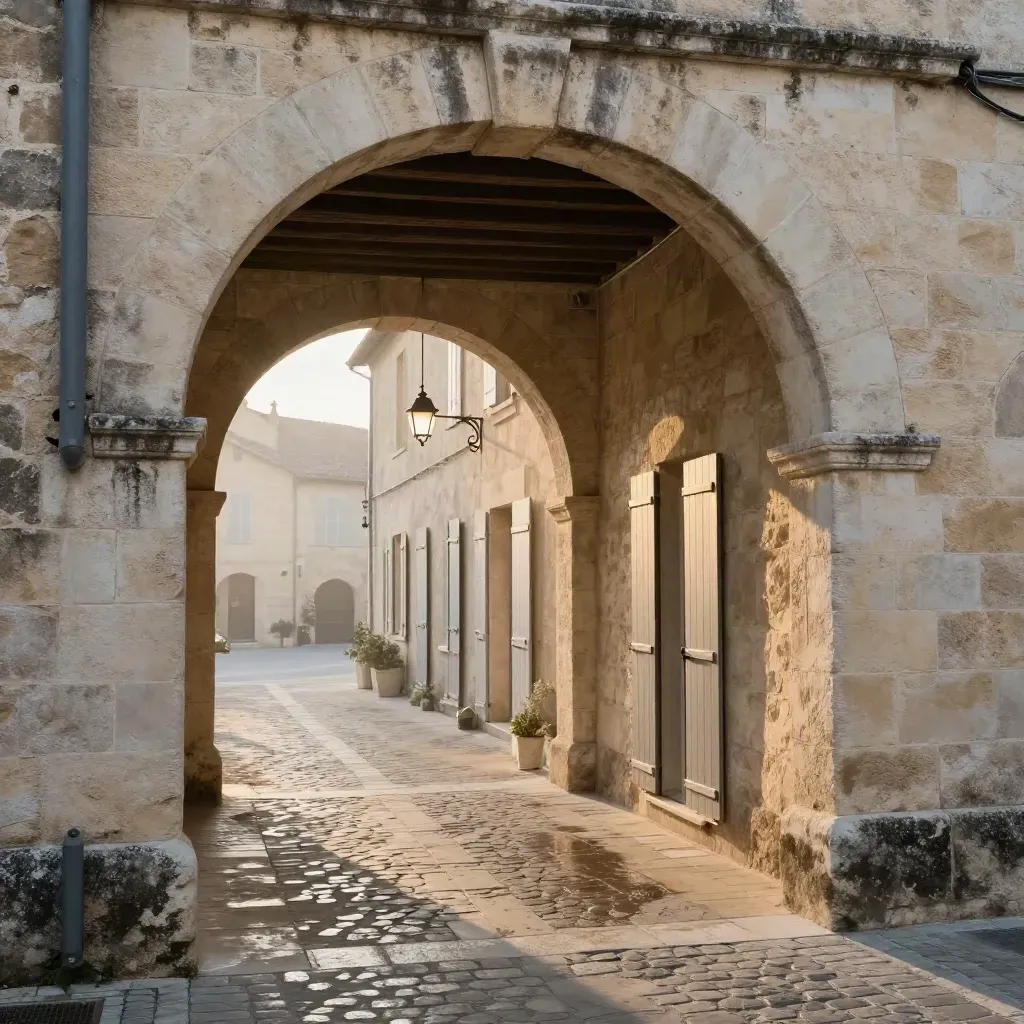 Ruelle d’Uzès au matin vue à travers une arche de pierre, pavés humides et volets clos