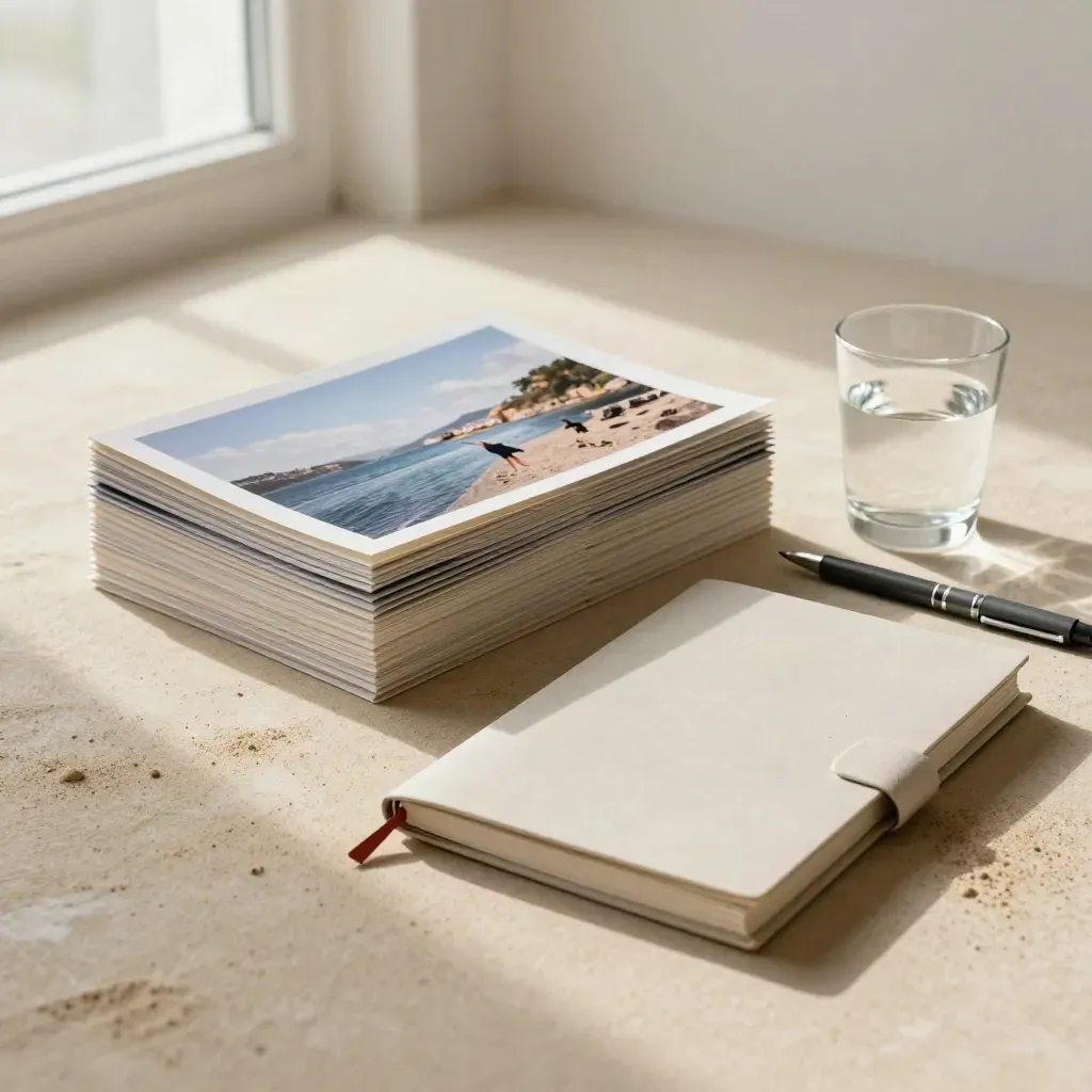 Empilement de tirages photo, carnet, stylo et verre d’eau sur une surface sable.