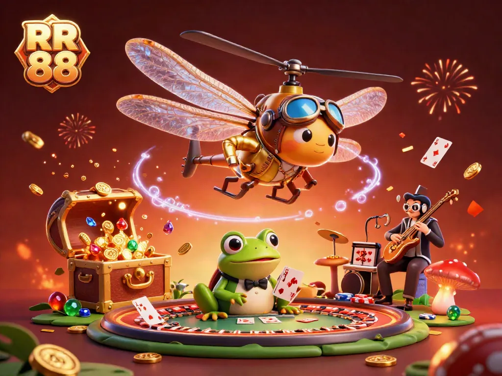 Engage in thrilling gaming at RR 88, featuring a vibrant casino scene with a frog croupier and animated characters.