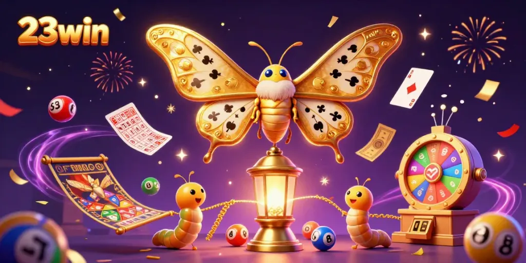 Experience the excitement of 23win casino games with a vibrant scene of dynamic lottery elements and a majestic moth.