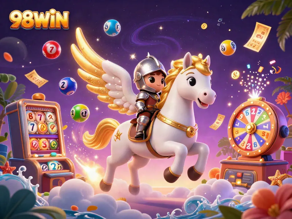 Experience the excitement of 98WIN with a vibrant illustration of a celestial horse, lottery balls, and slots.