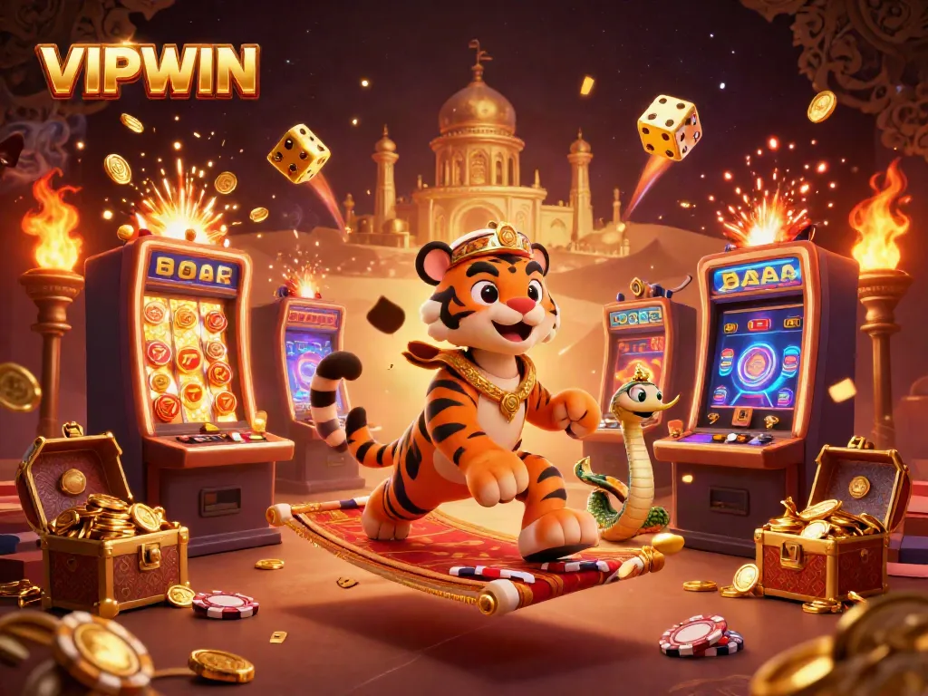 Experience VIPWIN with a majestic tiger sultan, jackpot machines, and dazzling casino elements in a magical desert.